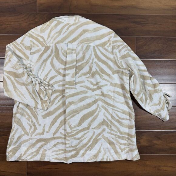 John Mark Women's Size 1X Zebra Print Button Up‎ Cinched Sleeve Shirt Top Linen - Picture 7 of 10